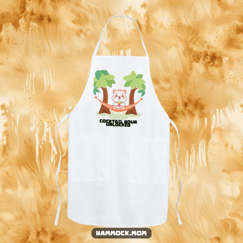 Funny apron depicting a smiling animal character with a drink, chilling in a hammock, bringing a humorous and relaxed vibe to the kitchen.