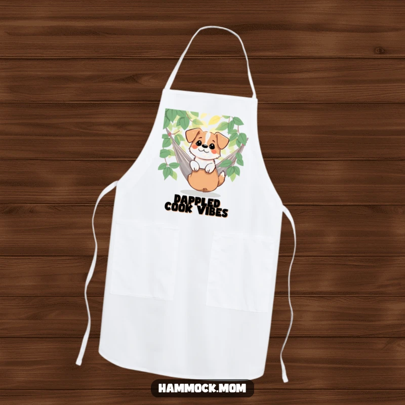 Funny dog enjoying dappled sunlight by a hammock while wearing an apron, bringing nature's humor to cooking, a great funny gift.