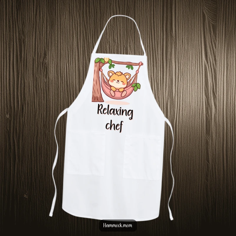 Funny apron depicting an animal character blissfully lounging in a hammock, bringing humor and relaxation to the kitchen.