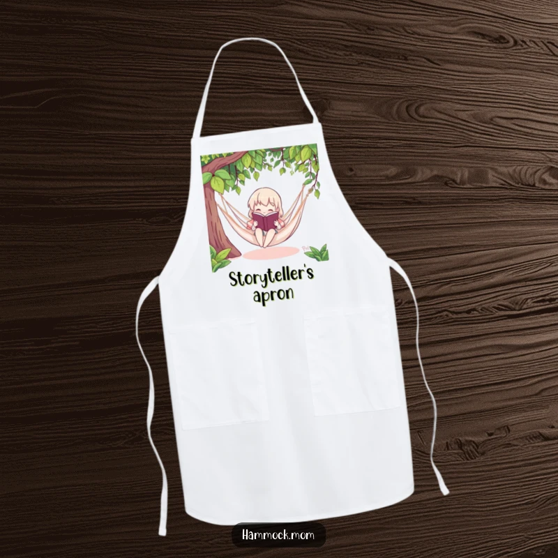 Funny apron featuring a character reading in a hammock, perfect for kitchens or craft areas with a humorous nod to readers.