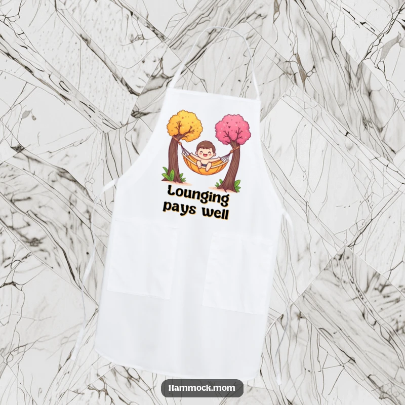 Funny apron with a happy hammock character gently swaying between colorful trees, perfect for kitchen tasks or lounging.