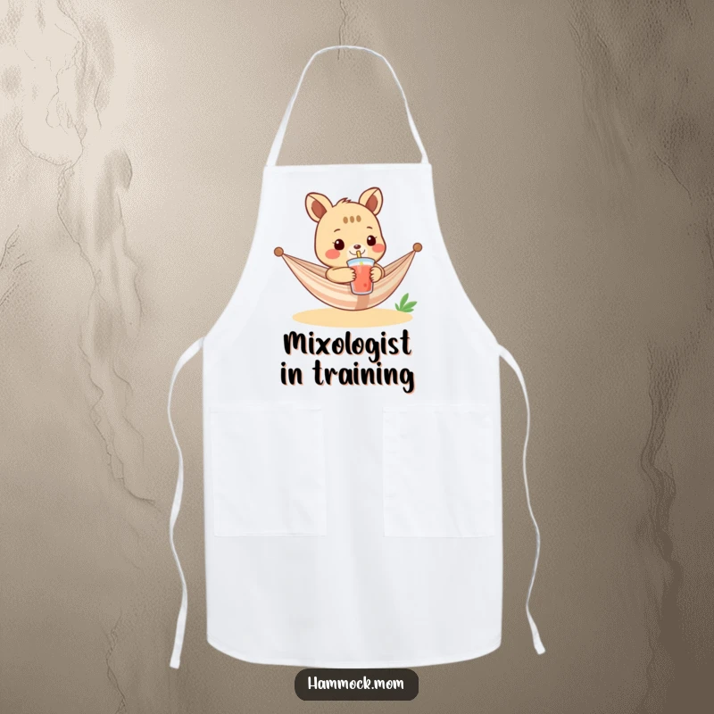Funny apron depicting a relaxed hammock animal character serving a cool drink with a straw, ideal for adding humor to kitchen activities.