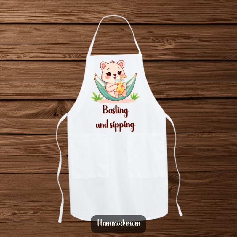Funny Apron with a mom animal holding a refreshing drink with a straw in a hammock, perfect for funny cooking.