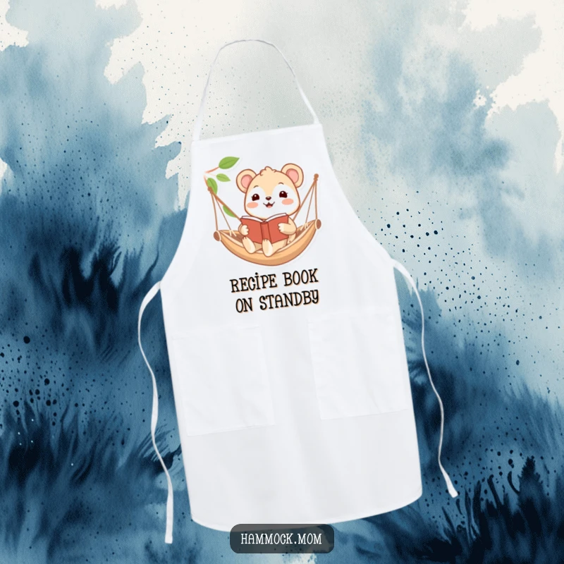 Funny apron showing a happy animal character reading a book in a hammock, perfect for kitchen use with a literary and humorous theme.