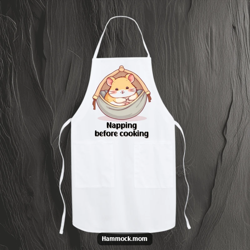 Funny apron with a delightful hamster comfortably snoozing in a tiny hammock, ideal for kitchen relaxation.