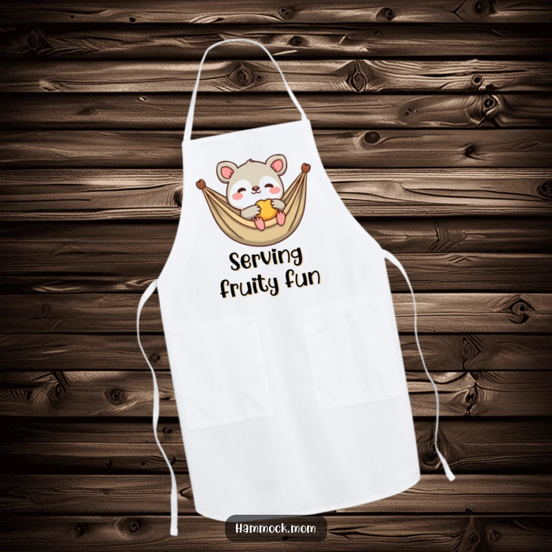 Funny Kawaii Animal Apron: Kitchen wear with a creature offering fruit while lounging, making cooking a humorous and sharing experience.