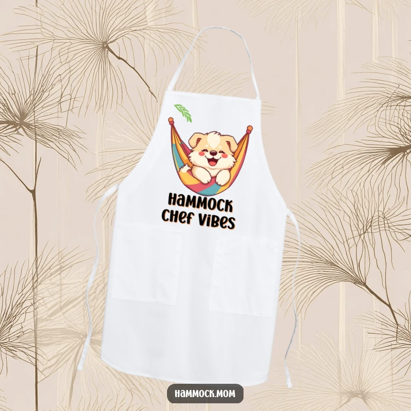 Funny mama dog apron featuring a fluffy mama dog with a smile, relaxing in a hammock, adding a touch of humor to the kitchen.