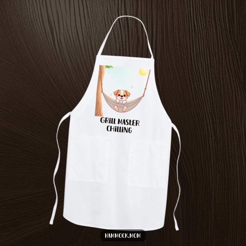 Funny dog apron featuring a dog enjoying a hammock swing on a sunny day, perfect for humorous kitchen adventures.