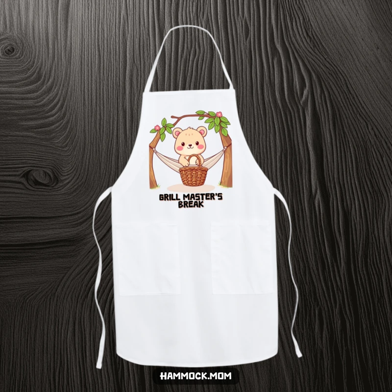 Funny Apron: Cheerful animal character lounging in a hammock with a picnic basket beneath, ideal for anyone who loves outdoor dining.