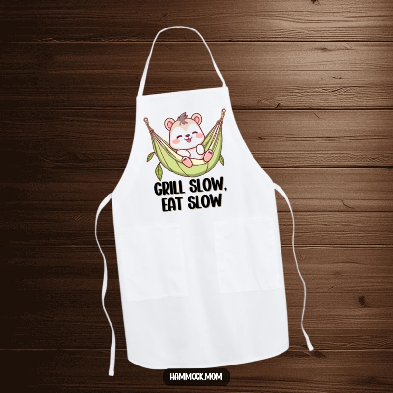 Funny waving animal character apron, lazy in a hammock, breezy kitchen accessory, humorous gift for home cooks.