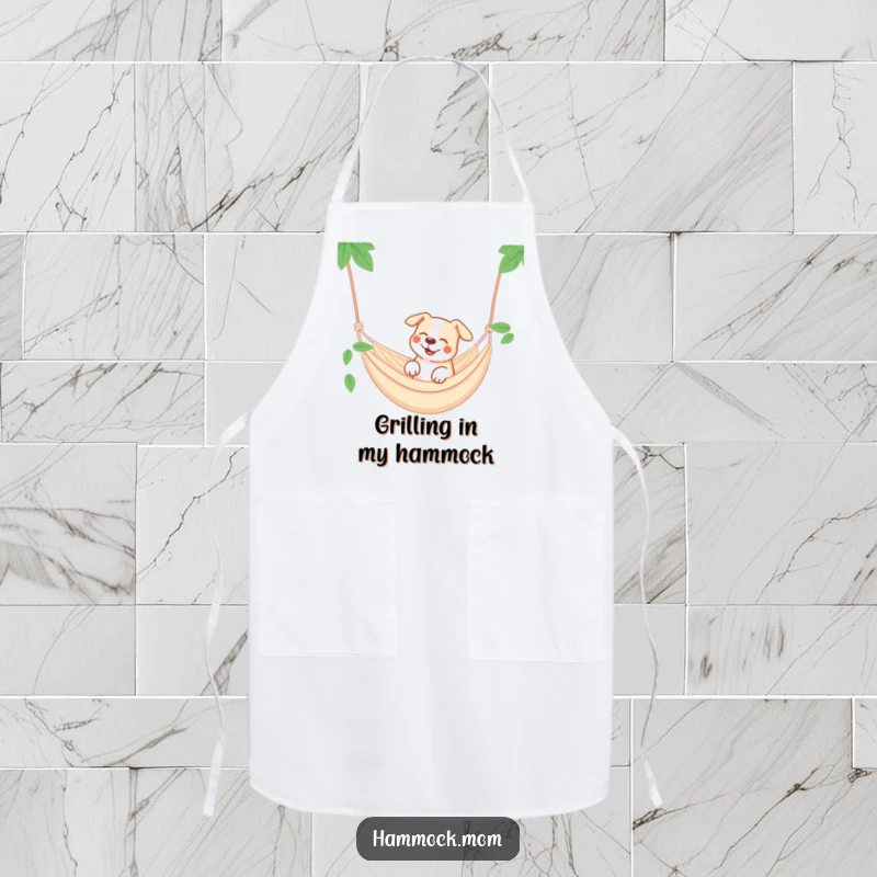Funny dog hammock apron, a dog smiling dreamily in a hammock, kitchen relaxation.