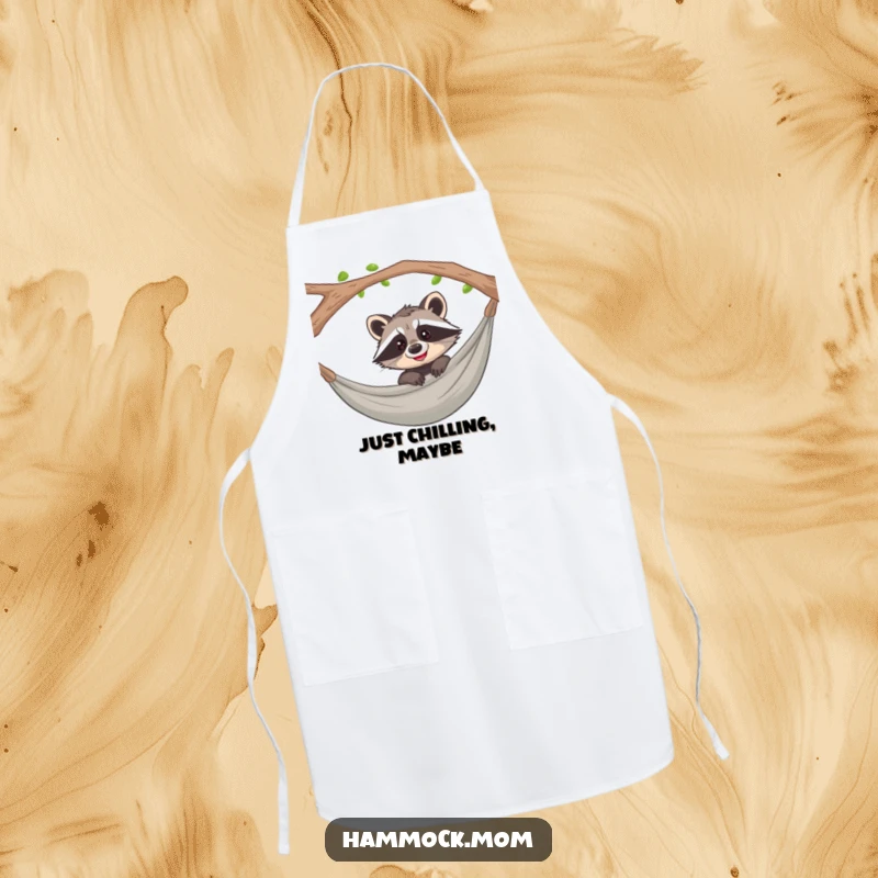 Funny raccoon peeking from a hammock with a cheeky grin on a kitchen apron, ready for culinary fun.