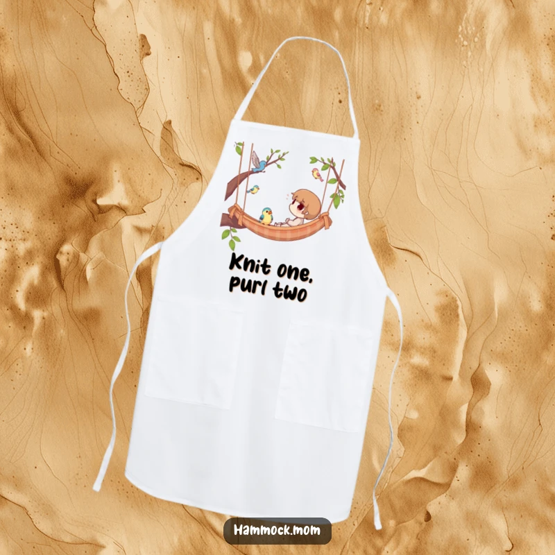 Funny Apron featuring a character relaxing in a hammock, watching birds fly past, perfect for adding humor to kitchen activities.