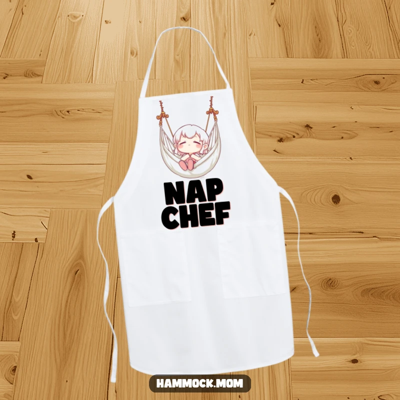 Funny apron featuring a character blissfully swinging in a hammock, perfect for kitchen tasks with a humorous, relaxed attitude.