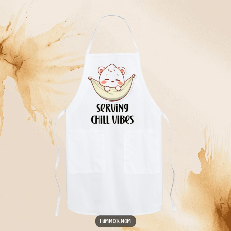Funny apron depicting a relaxed hammock animal character in a kitchen setting, sporting a playful wink, ideal for adding humor to cooking.
