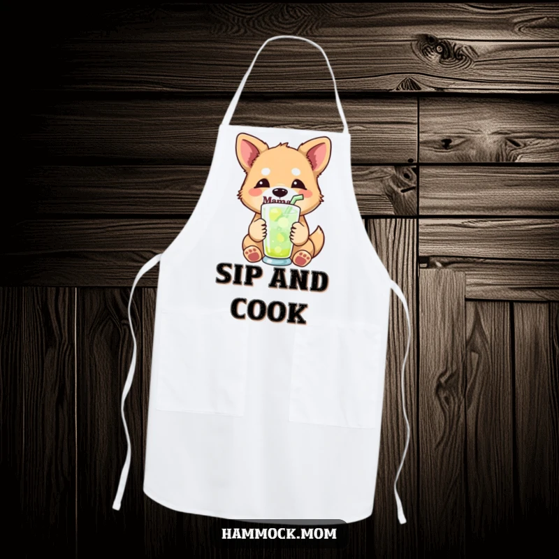 Funny mama dog apron featuring a mama dog with a relaxed expression, holding a refreshing drink with a straw, adding humor to the kitchen.