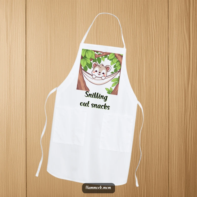 Funny apron depicting a curious animal character peeking over a hammock's edge with a grin, ideal for bringing a humorous and inquisitive vibe to the kitchen.