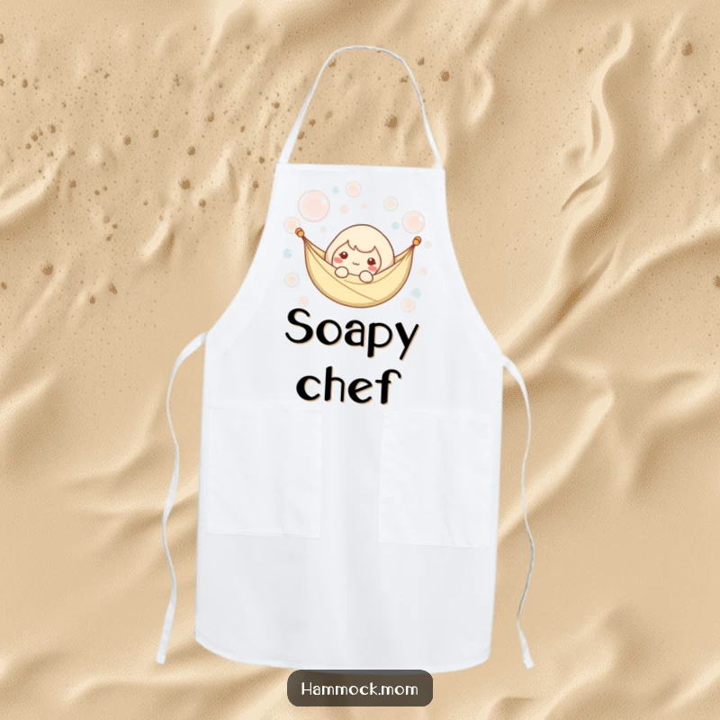 Funny apron with a kawaii hammock character floating among bubbles, adding a serene and humorous touch to cooking.