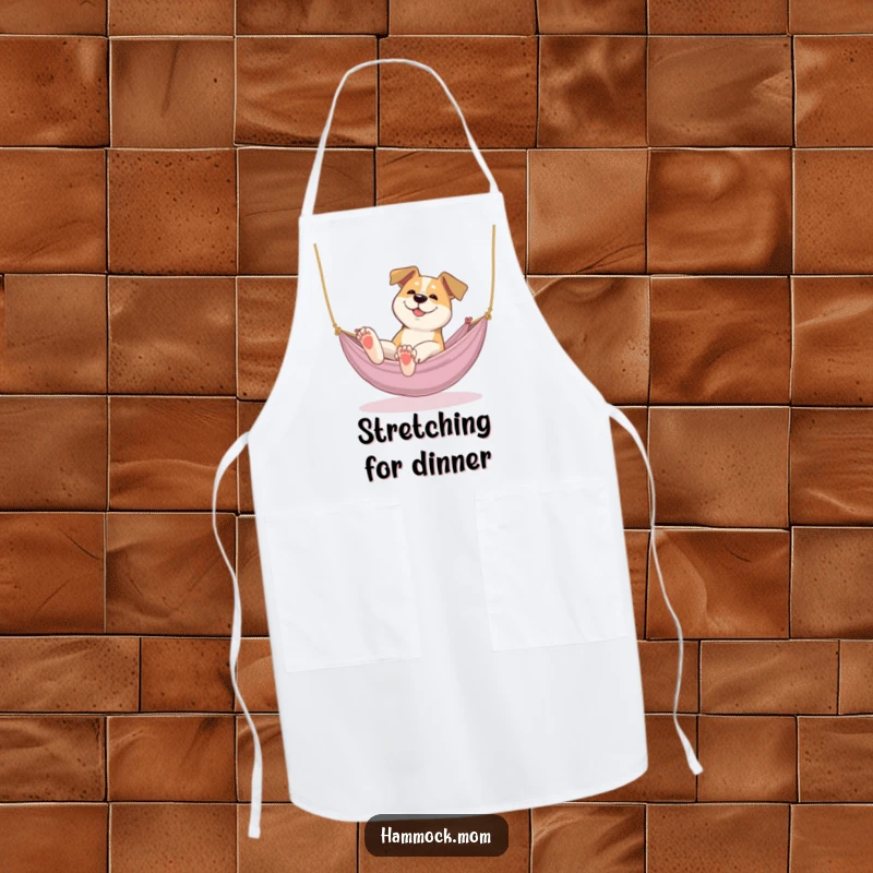 Funny dog apron featuring a dog lazily stretching its paws in a cozy hammock, perfect for humorous kitchen activities.