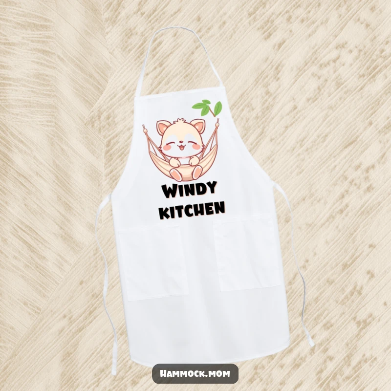 Funny apron showing a happy animal character eyes closed, enjoying a gentle hammock breeze, adding humor to cooking.