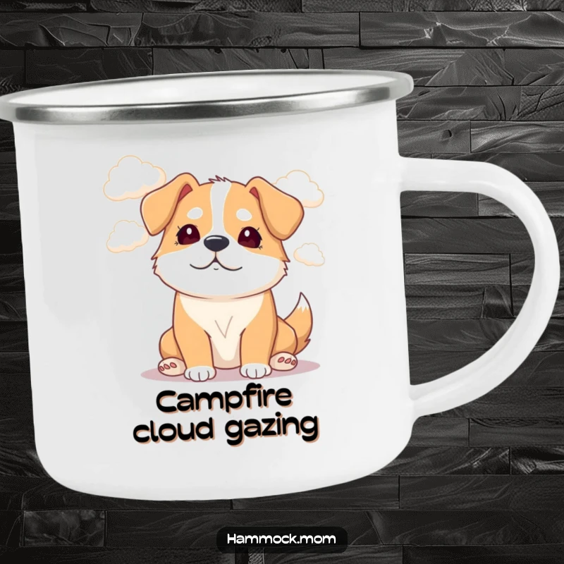 Funny Mama Dog Camp Mug: A dreamy mama dog watches fluffy clouds, perfect for outdoor, humorous sipping.