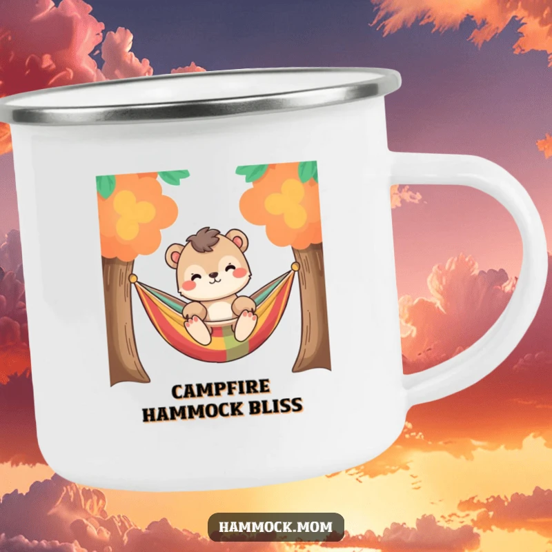 Funny relaxed animal character gently swaying in a colorful hammock between two trees, on a durable camping mug for outdoor use.