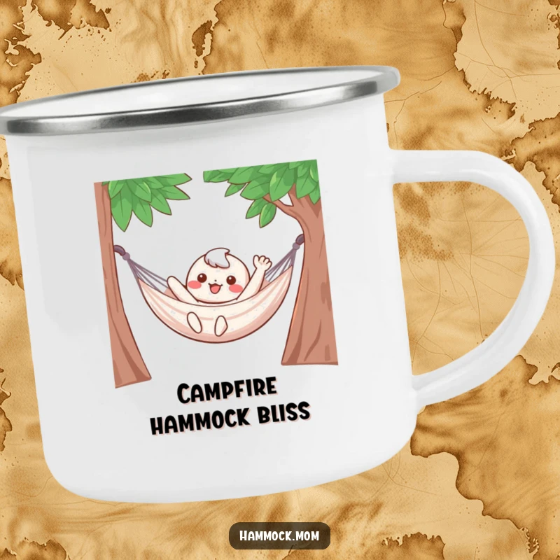 Funny Camping Mug: A cute kawaii character waves from a hammock, designed for relaxation and adventure.