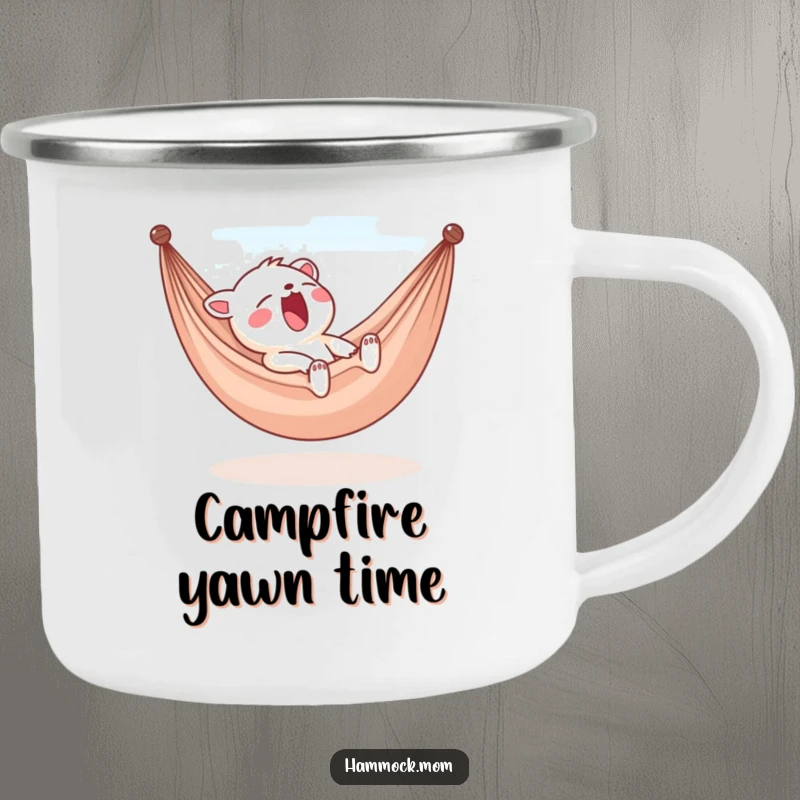 Funny yawning animal character camping mug, relaxed in a hammock, durable outdoor design, humorous gift for campers.