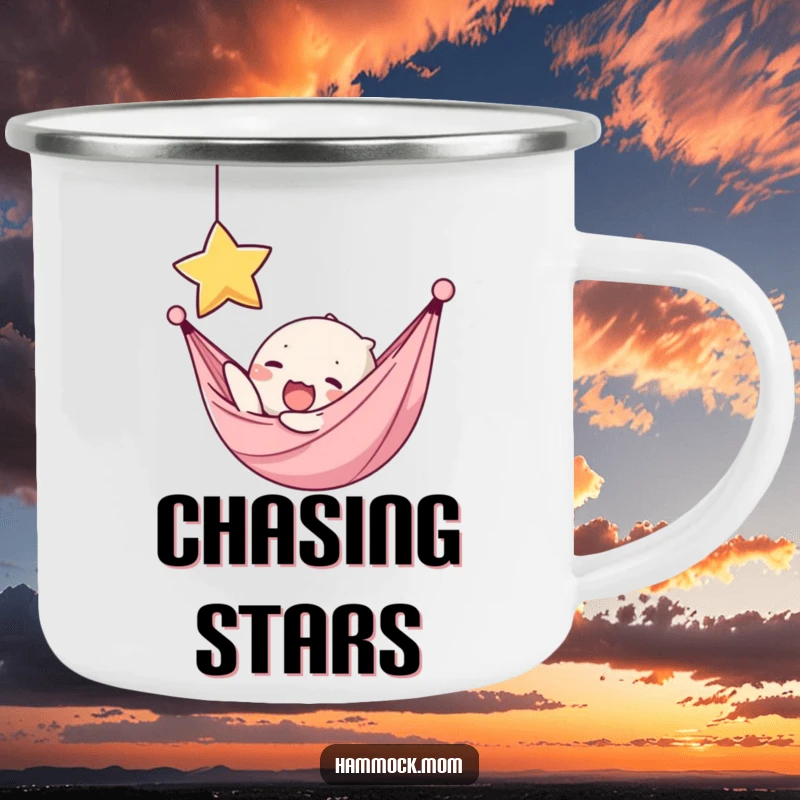 Funny camping mug featuring a kawaii hammock character yawning and reaching for a star, perfect for outdoor inspiration.