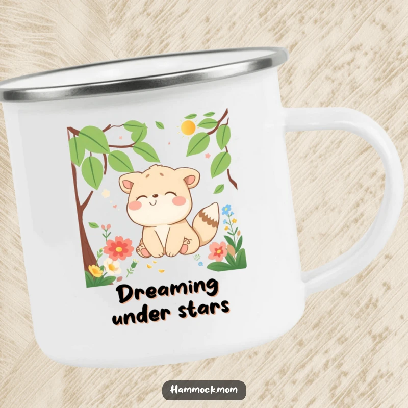 Funny Camping Mug showcasing a delighted animal character dreaming amid nature, perfect for outdoor enjoyment and humor.