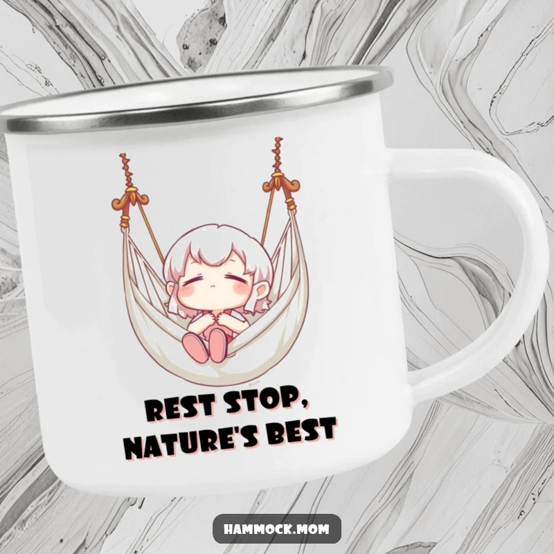 Funny camping mug with a character blissfully swinging in a hammock, perfect for enjoying drinks outdoors with humor.