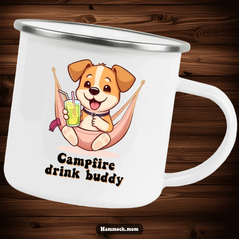Funny dog camping mug showing a dog in a hammock with a drink, perfect for humorous outdoor beverages.