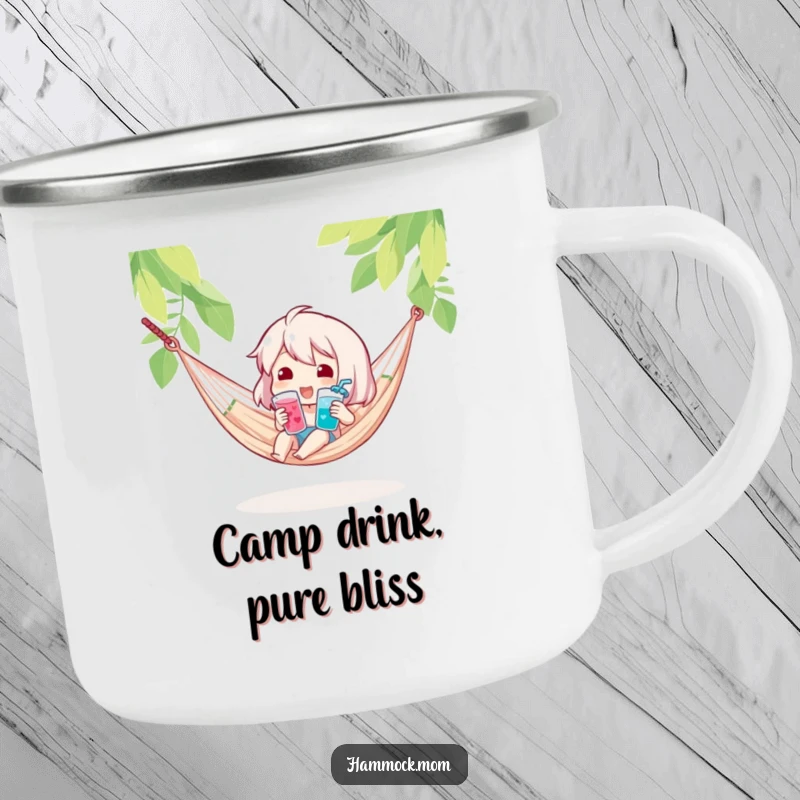 Funny camping mug featuring a character holding a cool drink in a hammock, perfect for enjoying beverages outdoors with humor.