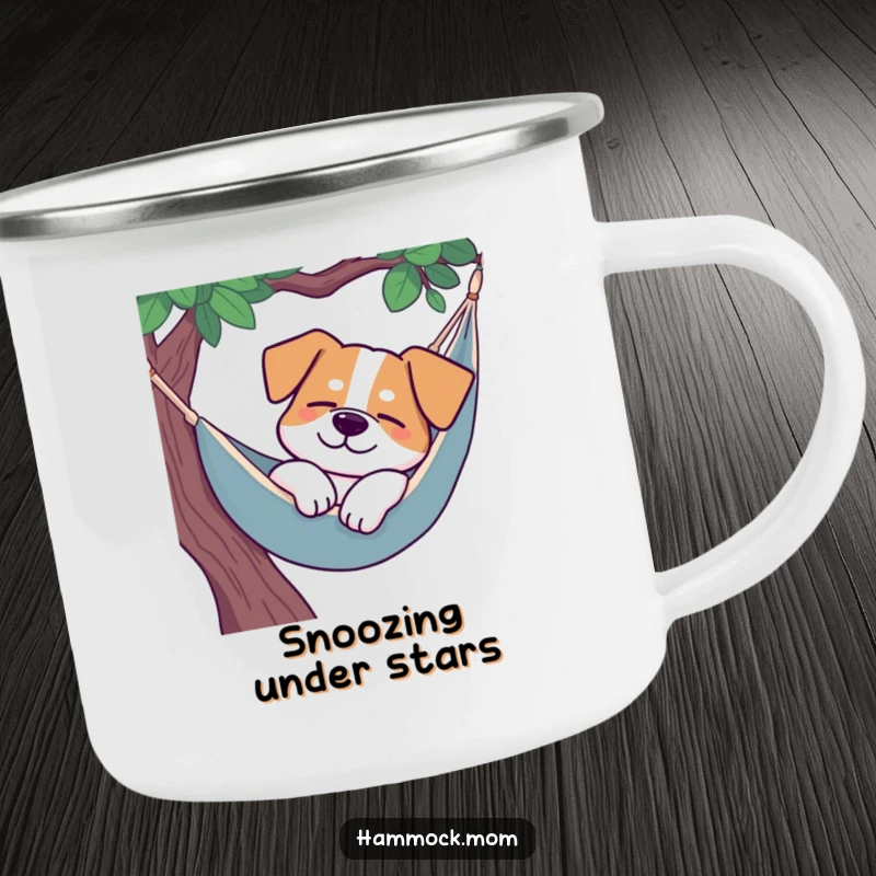 Funny dog hammock camping mug, a dog sleeping peacefully in a hammock, outdoor relaxation.