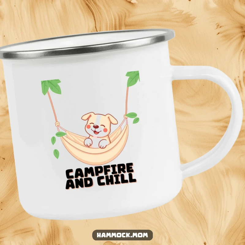 Funny dog hammock camping mug, a dog dreaming in a hammock, outdoor relaxation.