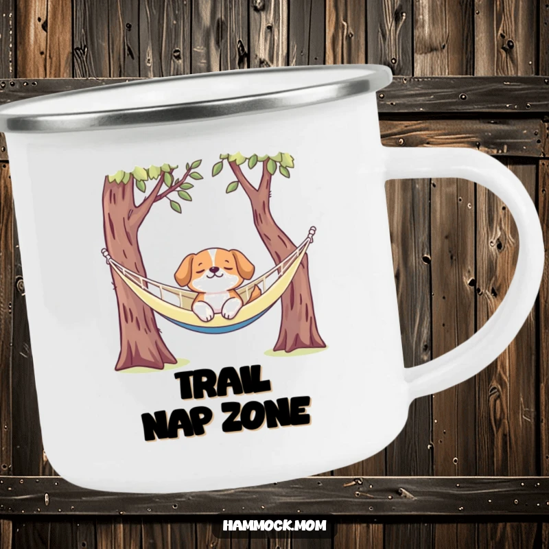 Funny dog camping mug showing a happy dog relaxing in a hammock, perfect for outdoor beverages with a humorous touch.