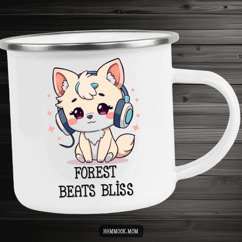 Funny Camping Mug: Durable enamel mug featuring an animal character wearing headphones and enjoying music, ideal for outdoor listening.