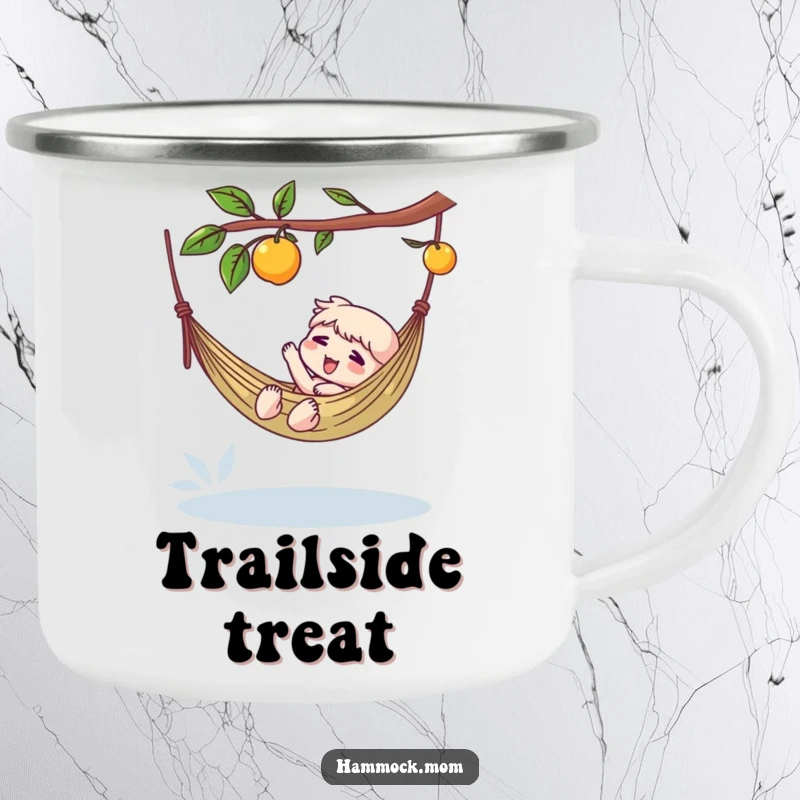 Funny camping mug of a character in a hammock, reaching for a dangling fruit, perfect for humorous outdoor enjoyment.
