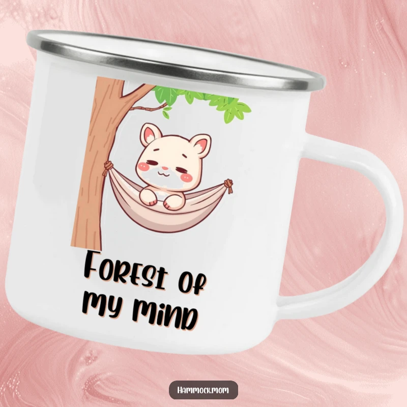 Funny Hammock Mom Animal Camping Mug: A cartoon mom animal in a hammock, smiling faintly, lost in thought, for funny outdoor use.