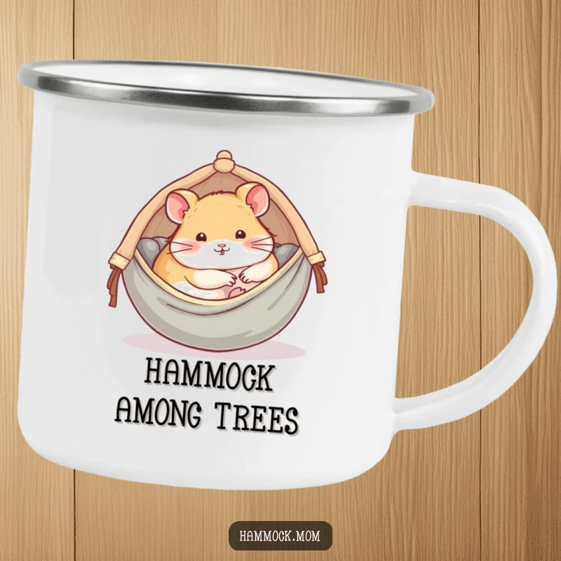 Funny camping mug with a delightful hamster comfortably napping in a tiny hammock, perfect for relaxed outdoors.