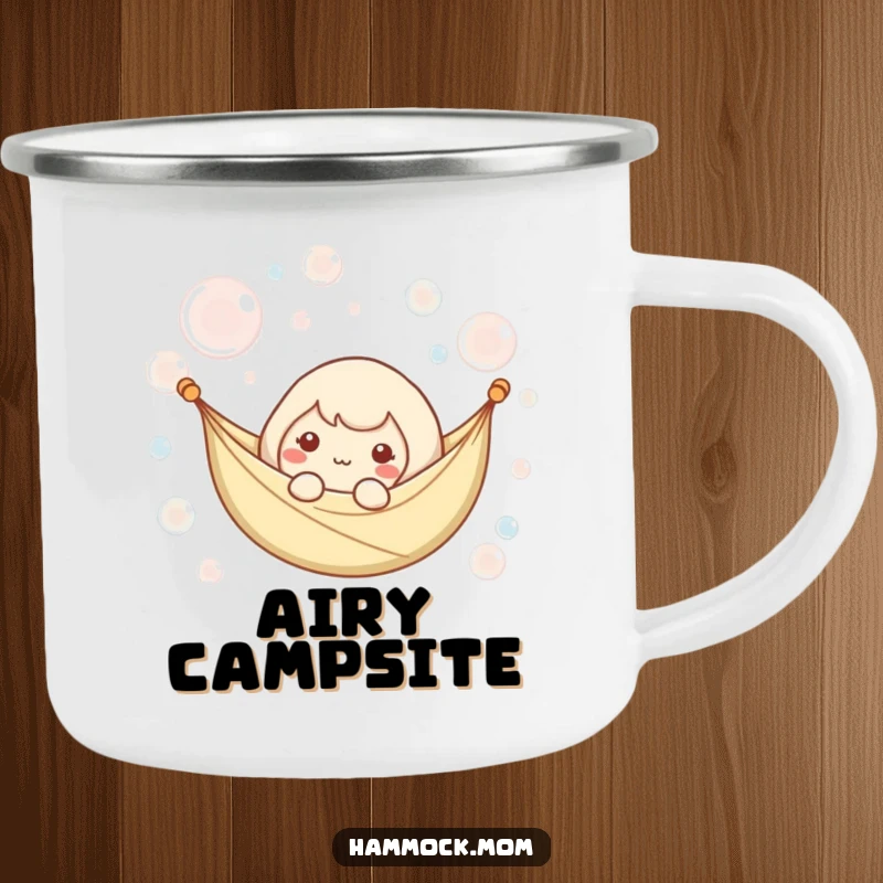 Funny camping mug featuring a kawaii hammock character floating among gentle bubbles, perfect for enjoying beverages outdoors.