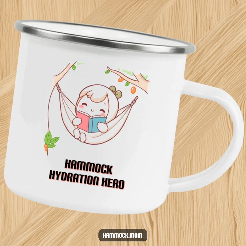 Funny Kawaii hammock camping mug with a character holding a book, looking relaxed, ready for outdoor reading.