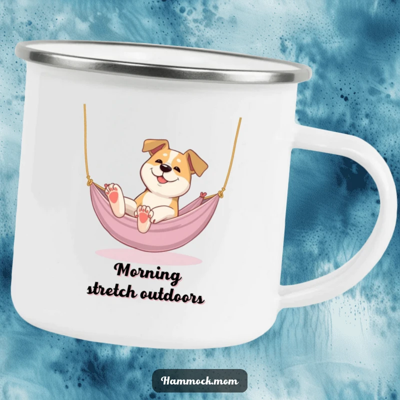 Funny dog camping mug showing a dog lazily stretching in a hammock, perfect for humorous outdoor beverages.