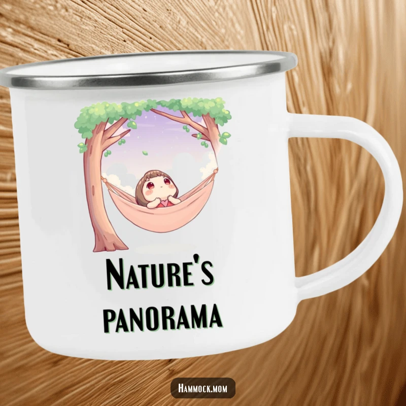 Funny camping mug of a character in a hammock looking up at the sky, perfect for humorous outdoor relaxation.