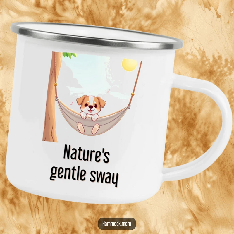 Funny dog camping mug showing a dog swinging in a hammock on a sunny day, ideal for outdoor beverages.