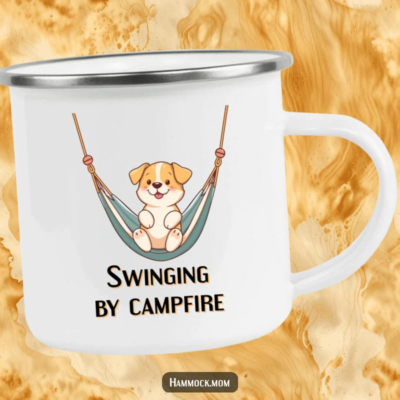 Funny dog gently swinging in a hammock on a camping mug, bringing calm and humor to outdoor trips, a great funny gift.