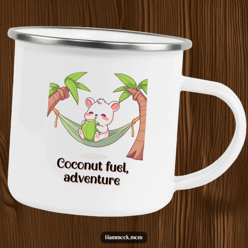Funny Tropical Animal Camping Mug with a character joyfully drinking from a coconut, perfect for outdoor fun.