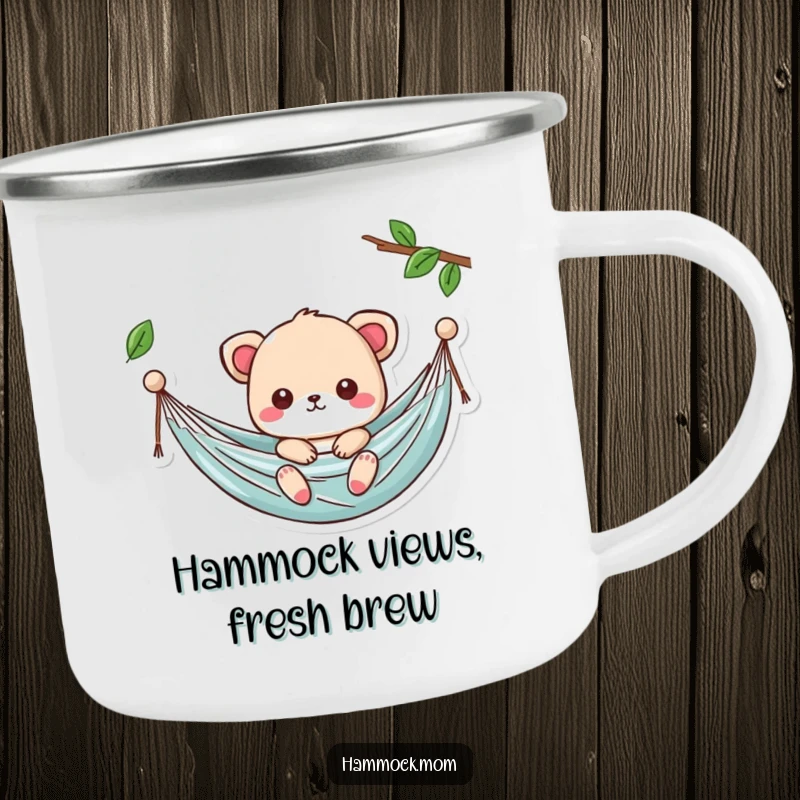 Funny Kawaii Hammock Camping Mug with a cute character swaying gently, perfect for outdoor relaxation.