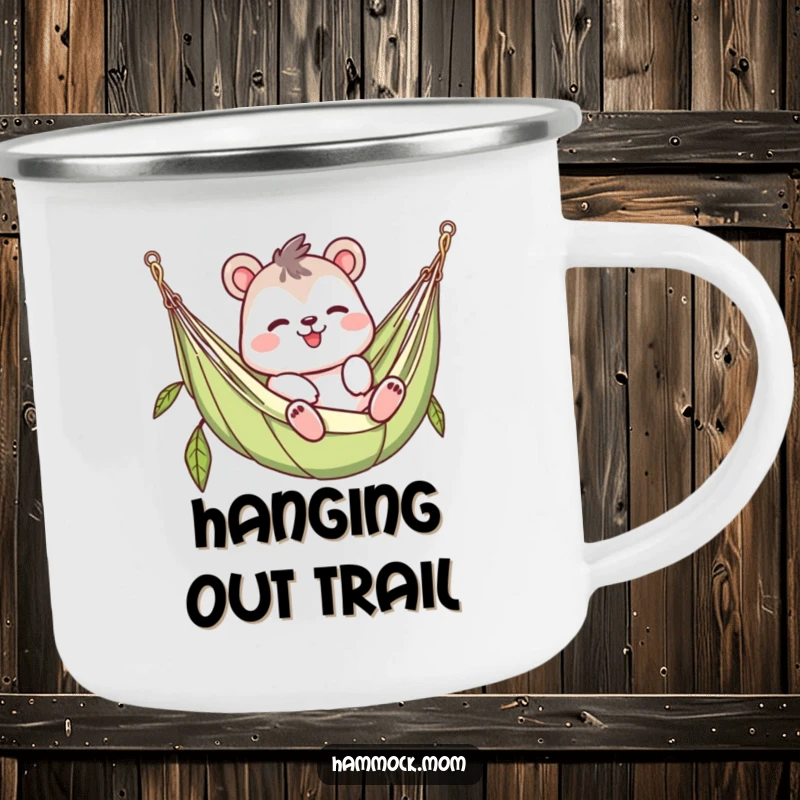 Funny waving animal character camping mug, lazy in a hammock, durable outdoor design, humorous gift for campers.