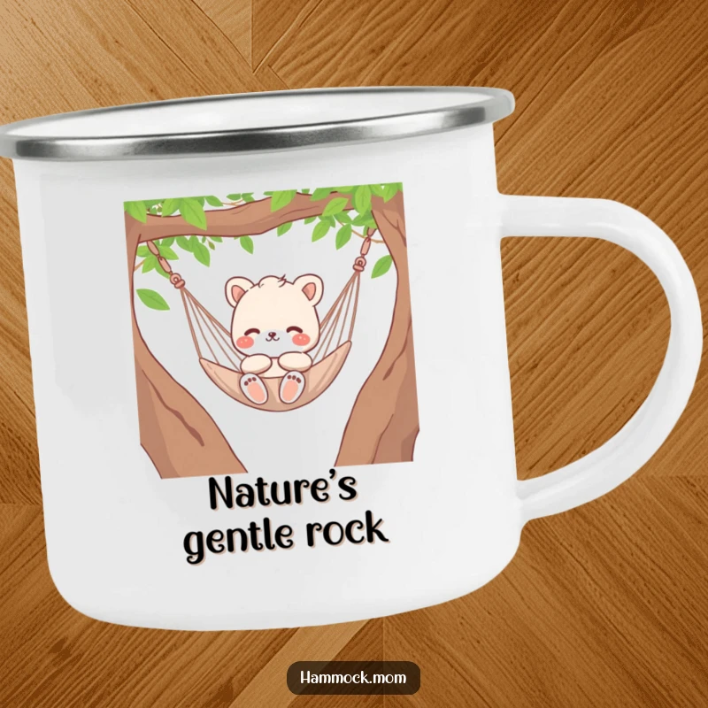 Funny relaxed animal character mom gently swinging in a hammock, durable and humorous camping mug.